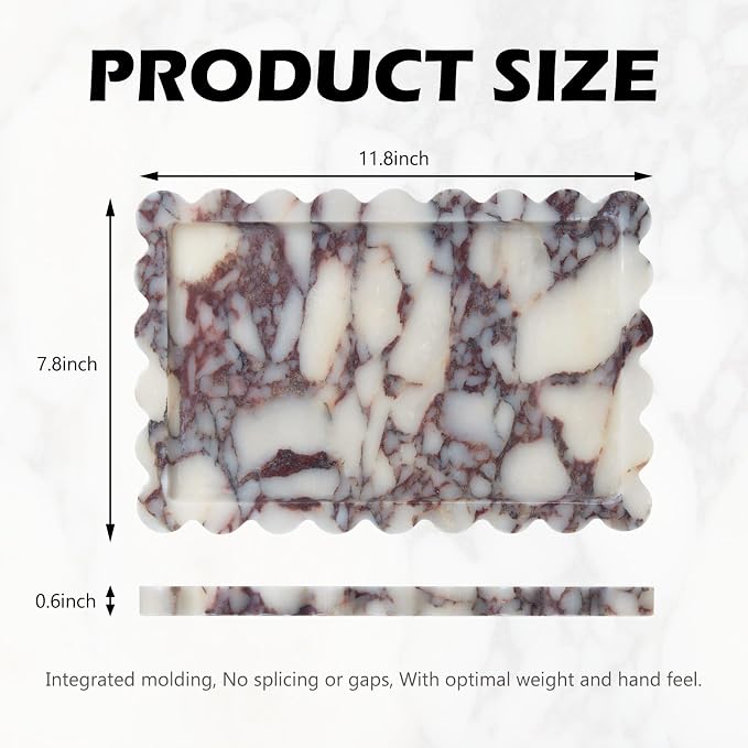 Luxury Natural Scalloped Marble Tray – 11.8 x 7.8-Inch Calacatta Viola Stone Vanity Tray, Elegant Catchall Organizer for Jewelry Perfume Keys, Unique Statement Tray for Bathroom Coffee Table & Dresser