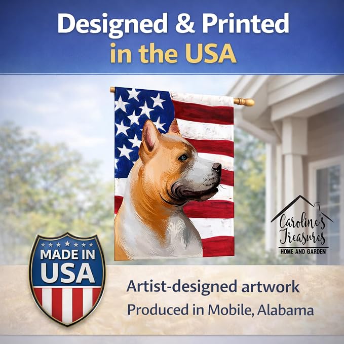 Caroline's Treasures CK6401CHF American Pit Bull Terrier American Flag House Flag Large Porch Sleeve Pole Decorative Outside Yard Banner Artwork Wall Hanging, Polyester, House Size, Multicolor