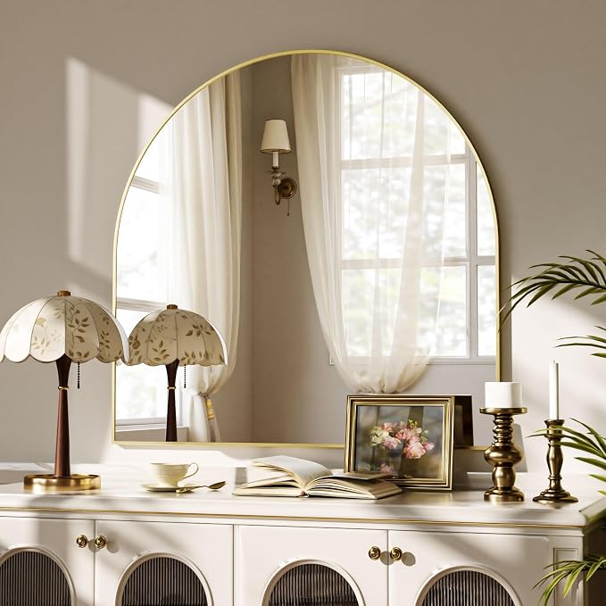 Wide Arched Wall Mirror, 31 x 32 inch Arch Bathroom Mirror Gold | Wall Mounted Bathroom Vanity Mirror with Arch Metal Frame, Modern Room Decor for Bedroom, Entryway, Hanging or Leaning