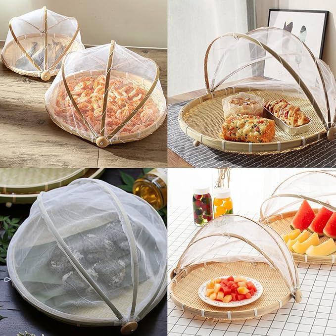 Mwellewm Food Bamboo Food Serving Tent Basket Hand-Woven Basket Serving Dustproof Round Picnic Basket Vegetable Fruits Bread Home Storage Basket with Mesh Gauze Cover Container