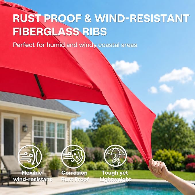 Sannwsg 9/10 FT Patio Umbrella Outdoor with 8 Premium Fiberglass Ribs, Push Button Tilt and Crank, UV Protection Table Market Umbrella for Pool, Porch, Garden, Deck, Backyard, Outside