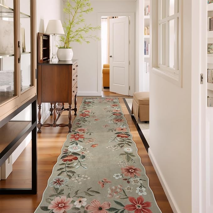 Lahome Floral Hallway Runner, 2'6''x10' Soft Washable Runners for Hallways | Non Slip Ultra-Thin Kitchen Runner Stain Resistan Carpet for Entryway Bathroom Flore, Brown