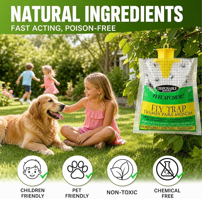 Fly Traps Outdoor Hanging, Natural Pre-Baited Bug Catcher Bags, Non-Toxic Flying Insect Killer for Outside Home, Patio, Trash Can, Horse Stables, Farm, Pastures, Backyard & Camping,4 Pack