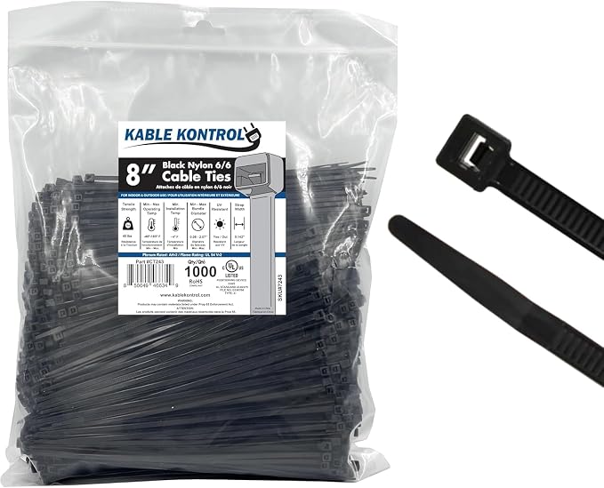 Kable Kontrol Cable Zip Ties 1000 Pcs 8 Inch Black, 40 Lbs Tensile Strength, Self-locking UV Resistant Plastic Nylon Wire Ties, for Indoor or Outdoor Use