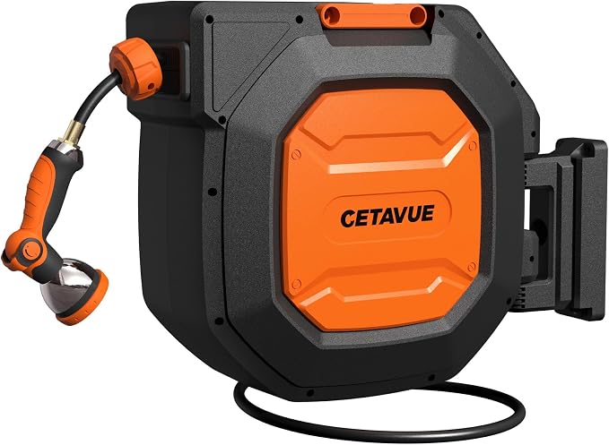 Retractable Garden Hose Reel 1/2 inch x 150 ft,Wall Mounted Heavy Duty Garden Hose Reel with 180°Swivel Bracket,Upgraded 10 Pattern Nozzle/Slow Return System(Black)