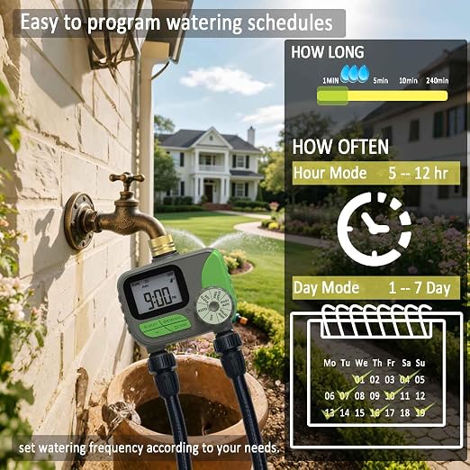 Drip Irrigation System with Water Timer(Dual System) Plug-in Quick Connection Drip Irrigation Kit 5/16“ID and 1/4 Inch Pipe Auto Watering System for Garden Spray, Greenhouse, Lawn, Potted Plants