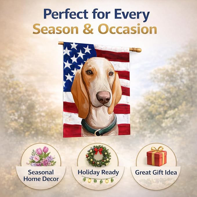 Caroline's Treasures CK6658CHF Porcelaine Dog American Flag House Flag Large Porch Sleeve Pole Decorative Outside Yard Banner Artwork Wall Hanging, Polyester, House Size, Multicolor
