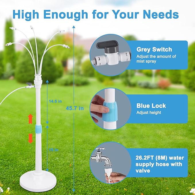 Misters for Outside Patio, Standing Misting Cooling System, Portable Outdoor Water Mist Hose Kit, Adjustable 45.7in Height & 5 Spray Nozzles for Backyard Garden Pool Tanning BBQ Cool Kids Pet Playing