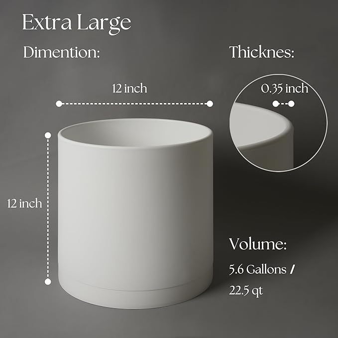 Giraffe Creation 12 Inch Cylinder Plant Pot, Modern Round Planter with Drainage Holes and Saucer, Durable Plastic Flower Pot for Indoor Outdoor Plants, White