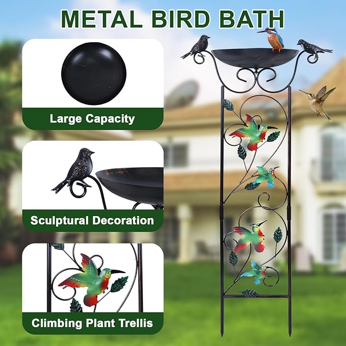 hogardeck 2 Pack 35” Metal Bird Bath with Garden Trellis for Climbing Plants Outdoor, Vintage Hummingbirds Decorative Birdbath, Garden Decor Metal Plant Support for Climbing Flowers