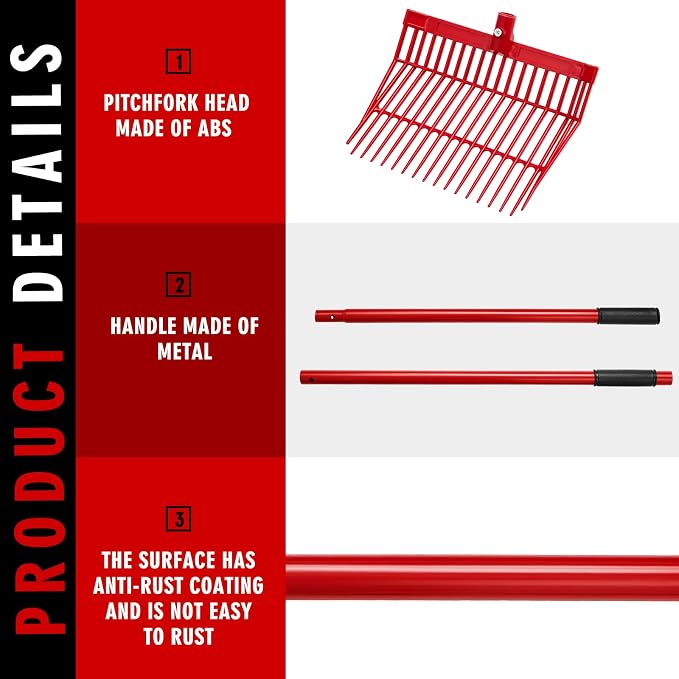 Lasnten 3 Sets Manure Fork with Long Handle, ABS Plastic Head & Metal Handle, Pitch Fork Manure Rake Heavy Duty Muck Rake for Gardening Horse Stable Grass Hay Cleaning Farm Work (Red,Normal Grip)