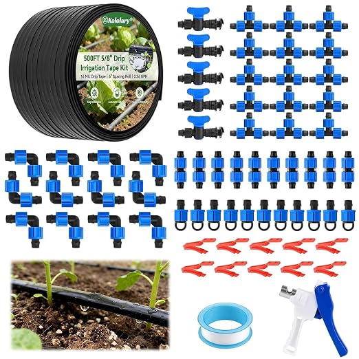 500FT 5/8 Inch Drip Tape Irrigation Kit, Kalolary 16 Mil Reinforced PE Flat Drips Tubing 6" Spacing Roll Landscape Garden Hose with Drip Tape Fittings & Hole Puncher Automatic Garden Irrigation System