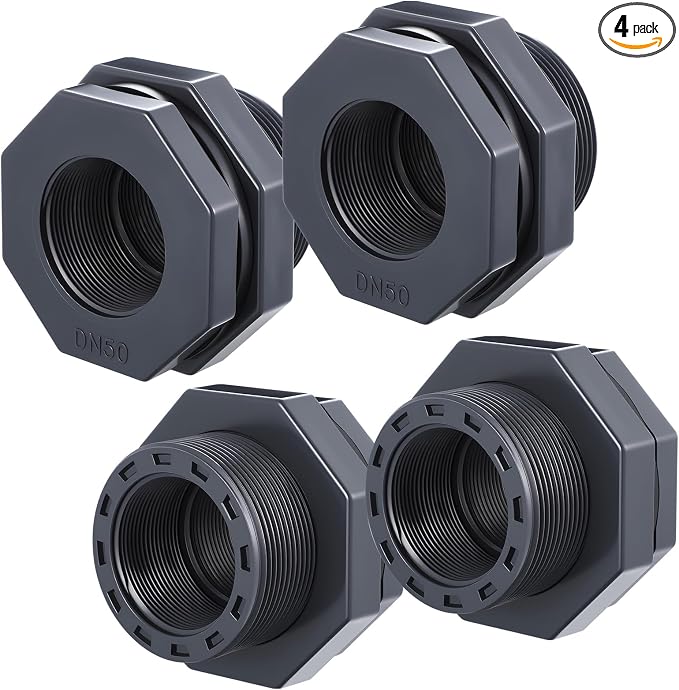 4 Pcs 2 Inch Bulkhead Fitting PVC Water Tank Connector Plumbing Pipe Threaded Bulkhead Fitting NPT for Rain Barrels, Water Tanks, Aquariums, Tubs, Pools