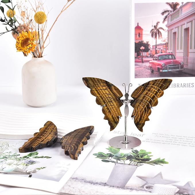 JIC Gem Natural Tiger Eye Stone Crystal Butterfly Art Wings Healing Crystal Carving Ornament with Display Stand Decoration Reiki(1pair, 10cm)