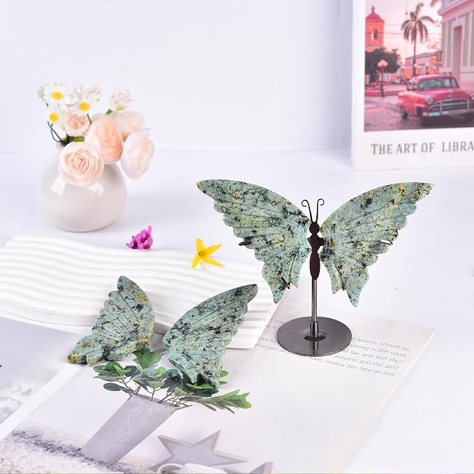 JIC Gem Natural Green Howlite Turquoise Quartz Crystal Butterfly Healing Gemstone Art Wings Carving Craft Ornament with Display Stand Decoration Reiki Chakra Balance (1pair, 10cm)