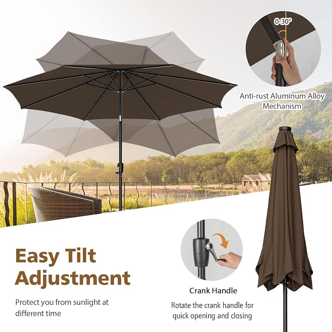 HAPPYGRILL 10 FT Solar Patio Umbrella with 112 LED Light, Outdoor Umbrella with Tilt Adjustment, Crank System, 8 Metal Ribs & Vented Top, Deck Table Market Umbrella for Garden Pool Deck Yard