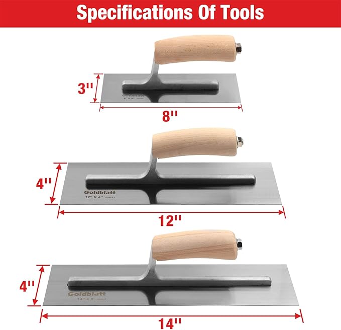 Goldblatt 3 Pieces Drywall Trowel, Carbon Steel Finishing Masonry Trowel Set Includes 14'' x 4'', 12'' x 4'', 8'' x 3'', Lightweight Wood Handle, Plastering Trowel for Drywall Wallboard Plasterboard