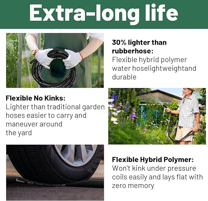 Beitopamz Short Garden Hose 1 ft x 5/8 in Male to Female Heavy Duty Small Water Hose Extender Connector, Lightweight Rubber Hybrid Leader Hose, Leak-Free Connections, 3/4'' Brass Fittings, Black