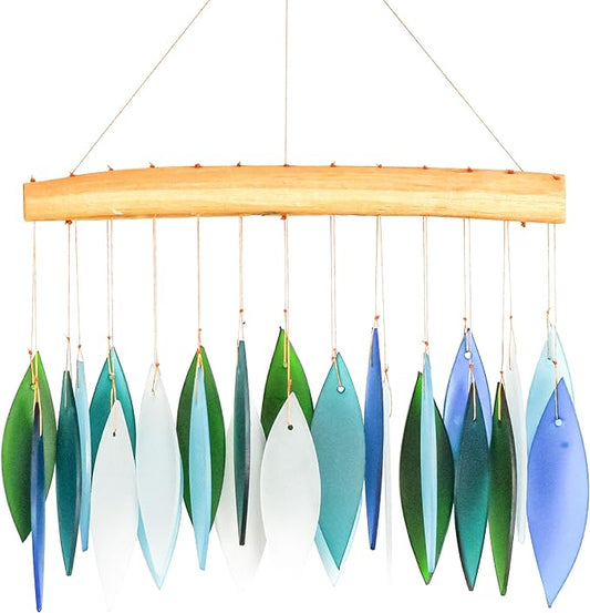 Blue Handworks Ocean Breeze Glass Chime, Sandblasted Glass and Found Wood Handcrafted Wind Chime | Sandblasted Glass and Found Wood Handcrafted Wind Chime