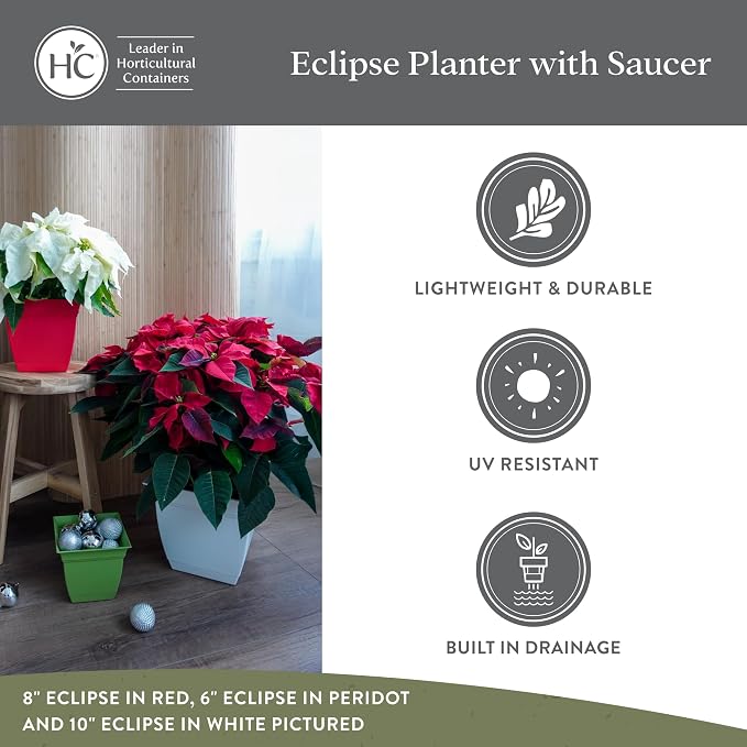 The HC Companies Eclipse Square Plastic Planter w/ Attached Saucer - Outdoor & Indoor Plant Pot with Drainage Holes - Lightweight, UV-Resistant Plastic Pots For Plants (12" Clay, Pack of 1)
