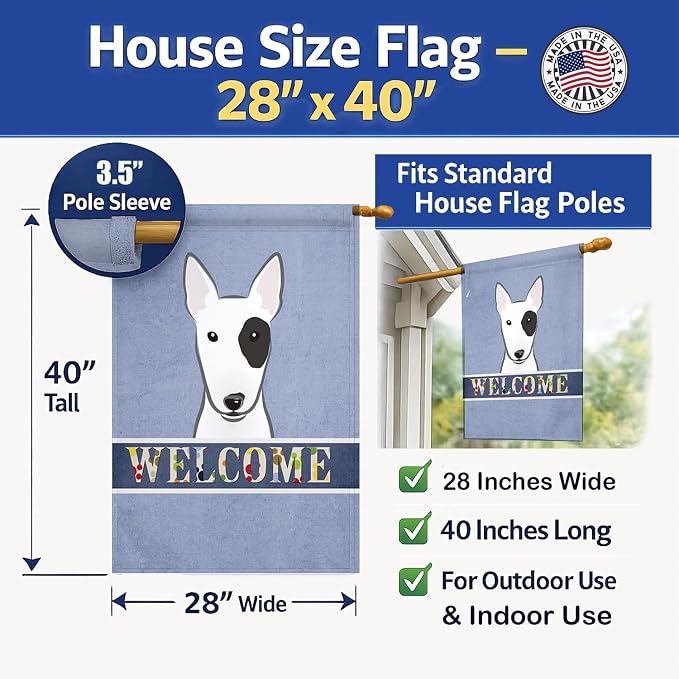 Caroline's Treasures BB1395CHF Bull Terrier Welcome House Flag, Blue Large Porch Sleeve Pole Decorative Outside Yard Banner Artwork Wall Hanging, Polyester, House Size, Multicolor