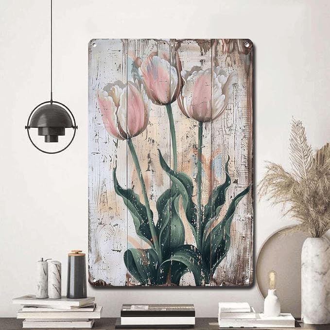 Metal Sign Tin Sign Vintage Wall Art Elegant Tulips Vintage Tin Sign for Rustic Home Decor Shabby Chic Style and Waterproof Aluminum S Gardening Decor Gift for Pub 6×8 Inches