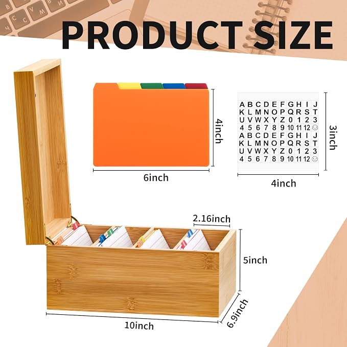 Henoyso 4 x 6 Inch Index Card Holder Set, Bamboo Organizer Box with 50 Dividers & 2 Sheets Alphabet Number Stickers File Note Holders, Holds 1200 Cards for Office Business Home Kitchen, Wooden Color
