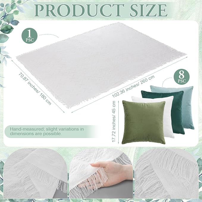 Moukeren 10 Pcs 71''x102'' Extra Large White Outdoor Boho Picnic Blanket with Table Runner and 8 Throw Pillow Covers Oversized Washable Portable Beach Blanket for Picnic Camp Lawn Wedding