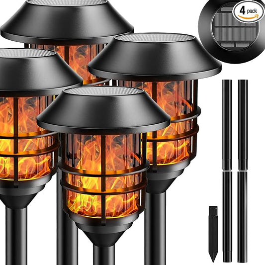 ZOOHAR Solar Outdoor Lights, Waterproof Pathway Torches, LED Metal Landscape Path Lights for Garden Patio Balcony & Pool (Pack of 4)