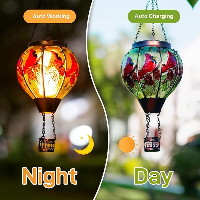 Cardinal Solar Hot Air Balloon Lantern with Flame, Glass Balloon Solar Lantern Outdoor Waterproof, Hanging Hot Air Balloon Solar Light, Cardinal Gifts for Mom Woman Christmas