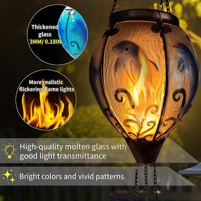 Glass Solar Hot Air Balloon Lantern with Flame Hanging Garden Flickering Light Outdoor Waterproof for Yard Patio Tree Mother's Day Gift, Dolphin