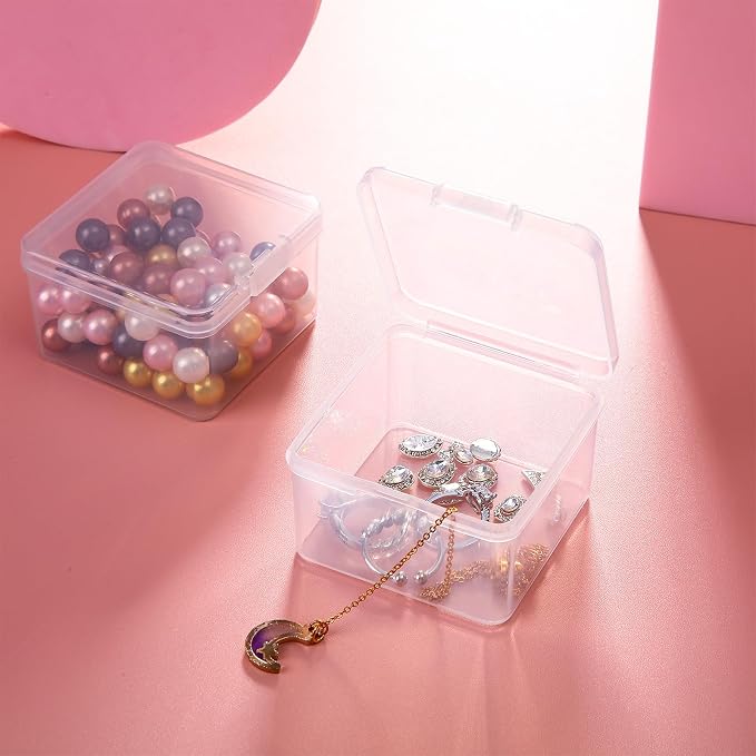 SATINIOR 200 Pcs Clear Plastic Beads Storage Containers Box Small Clear Boxes with Hinged Lid Plastic Case Mini Square Arts Crafts Storage Organizers for Small Items (2.48 × 2.48 × 1.57 Inch)