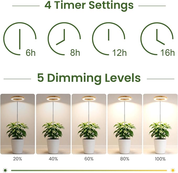 LBW Grow Lights for Indoor Plants, 6.3" Full Spectrum Plant Light with Base, 65" Height Adjustable Grow Lamp, 6/8/12/16H Timer, 3 Colors, 5 Dimmable Levels, for Tall Large Plants, Bamboo Grain, 2 Pack