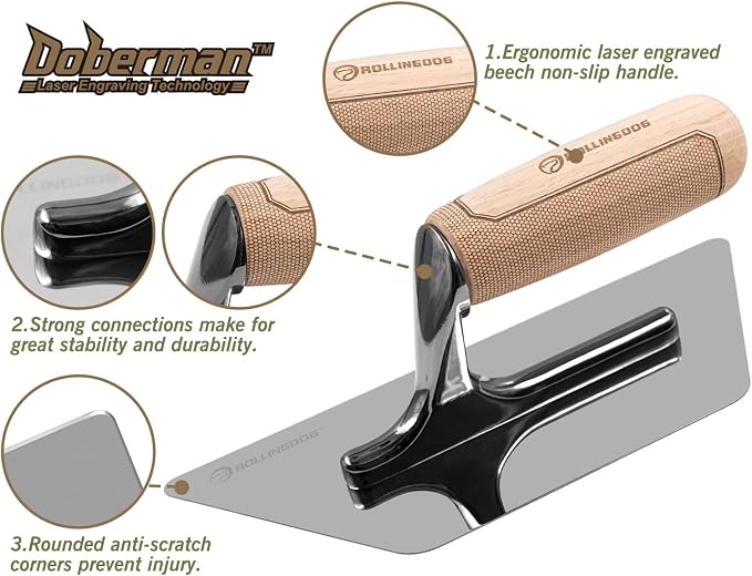 ROLLINGDOG Venetian Plaster Trowel - Mirror Polished 420 Stainless Steel Blade, Ergonomic Beech Handle for Decorative Finish and Polish(9.5inchX5.1inchX3.9inch) | Mirror Polished，Ergonomic Beech Handle
