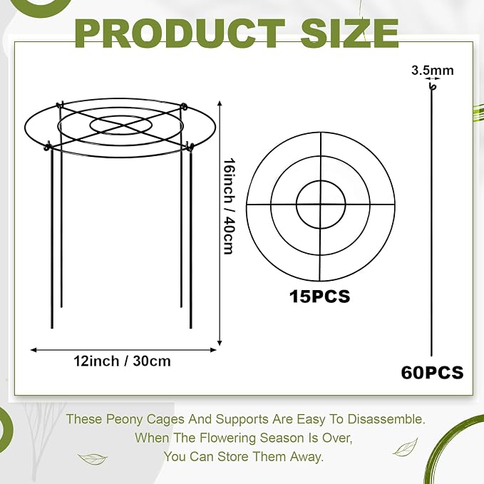 Geelin 15 Pack Peony Cages Bulk 12'' Dx 16'' H Peony Cages and Supports Heavy Duty Metal Plants Grow Through Support Rings Hoops for Outdoor Plants Flower Strawberry Tomato Strawberry(Black)