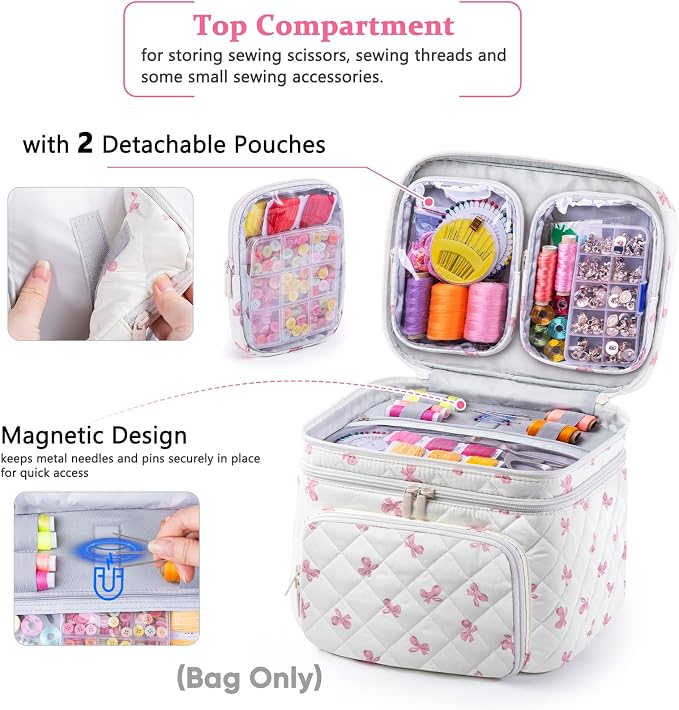 AMOIGEE Double-Layer Sewing Organizer Storage Bag with 2 Detachable Pouches, Large Quilted Sewing Basket for Supplies & Tools, Portable Travel Sewing Kit Case, Gift for Mom(Bag ONLY)