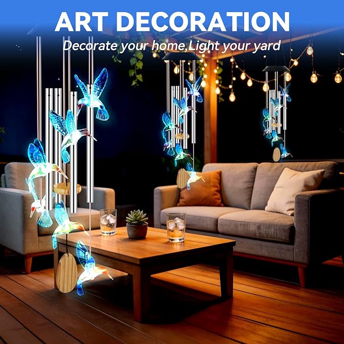 Wind Chimes for Outside, Solar Lights Outdoor Waterproof, Color Changing Hummingbird Light for Yard, Outdoor, Patio, Garden Decor, Wind Mobiles Gardening Gifts for Women, Mom, Wife, Blue Hummingbird
