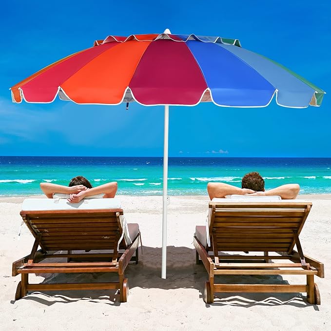 Tangkula 8FT Beach Umbrella, Portable Outdoor Sunshade Beach Umbrella with Sand Anchor & Tilt Mechanism, 16 Sturdy Fiberglass Ribs, Carrying Bag for Garden, Patio (Rainbow)
