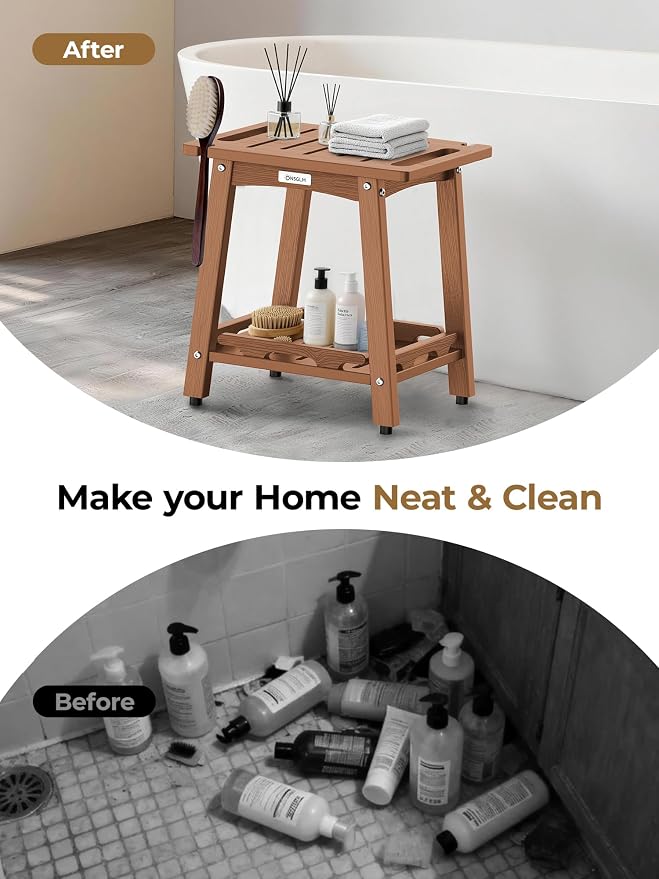 Shower Bench Seat, Non-Slip Shower Benches for Inside Shower to Sit on, HDPE Waterproof Shower Stool for Shaving Legs, Shower Chair with Adjustable Feet for Bathroom, Indoor/Outdoor Use, Teak