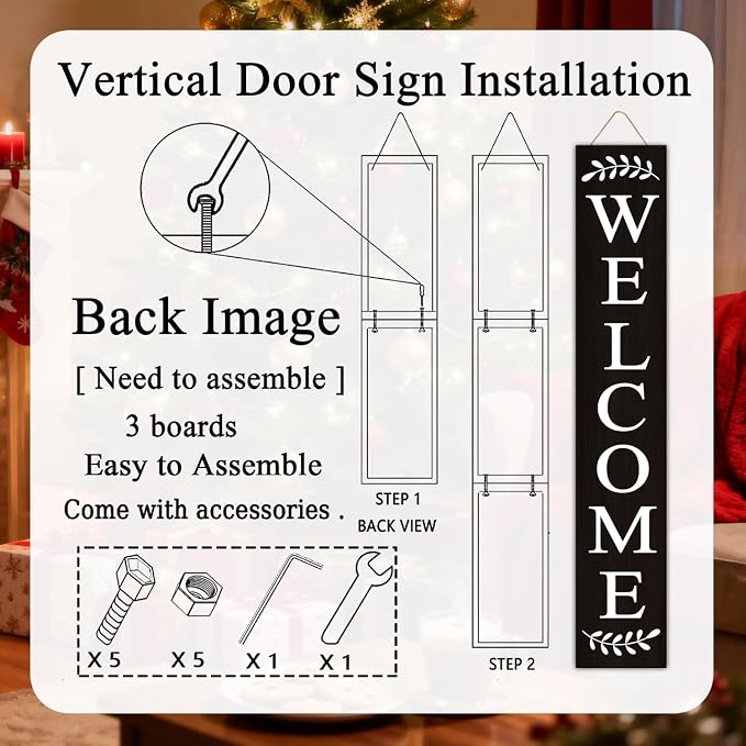 Welcome Sign for Front Porch, 47" Large Wooden Welcome to Our Home Sign Door Hanging Standing Plaque, Farmhouse Vertical Outdoor Porch Decorations for Yard Patio Entrance, Black