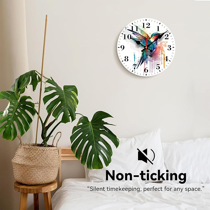 Wall Clocks Battery Operated, Watercolor Hummingbird Silent Non Ticking Decorative Indoor Outdoor Wall Clocks for Living Room Kitchen Bedroom Bathroom 12"