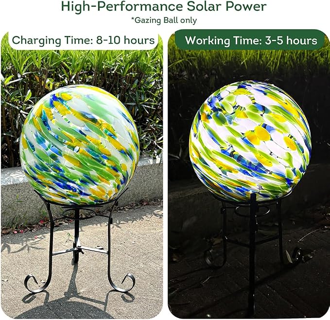 Lily's Home Gazing Ball - 10" Glass Globe with Solar Powered Lights - Outdoor Solar Lights for Yard & Patio - Garden Decor - Automatic On/Off Photosensitive Switch - Meadow Breeze