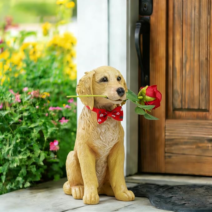Dog Valentine Day Decorations Outside - Rose Garden Statues, Seasonal Outdoor Decor for Yard, Patio, Front Porch, Waterproof Resin Dog Figurine, Valentine's Season Gift for Lovers Memorial 11x5.5x13IN