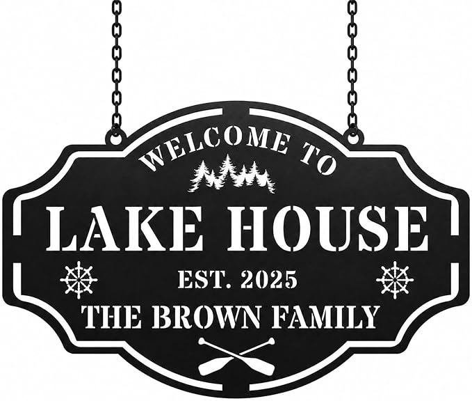 Personalized Metal Lake House Sign Custom Family Name Wall Art Rustic Cabin Decor for Entryway Porch Outdoor Lake Life Gift