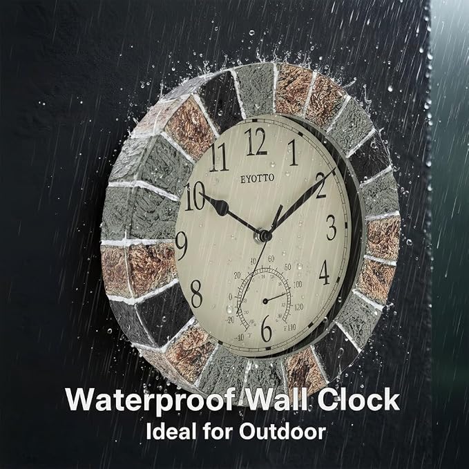 eYotto 10 Inch Small Outdoor Clock Waterproof with Thermometer,Weather-Resistant Non-Ticking Battery Operated Wall Clocks Weatherproof for Patio, Pool, Garden, Lanai, Fence, Porch, Deck
