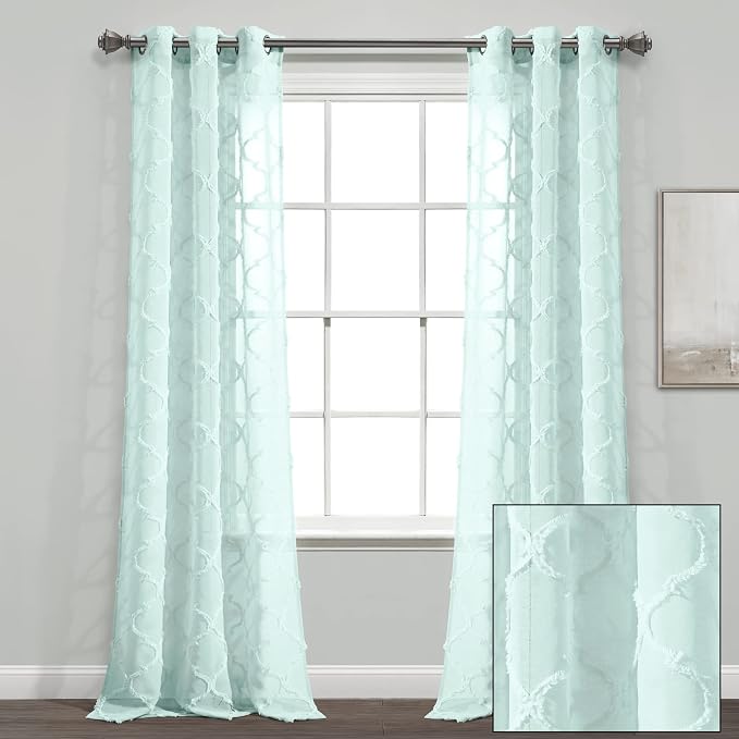 Lush Decor Avon Trellis Grommet Sheer Window Curtain Panels Pair 38" W x 84" L Blue - Sheer Curtains for Living Room - Modern Farmhouse Bedroom Curtains