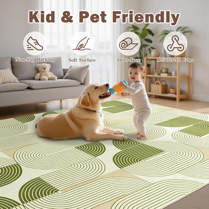 8x10 Area Rugs Washable Living Room Rug - Non-Slip Carpets Modern Rug | Neutral Soft Abstract Carpet Indoor Floor Stain Resistant Large Carpets for Bedroom Dining Room Nursery Home Office, Green