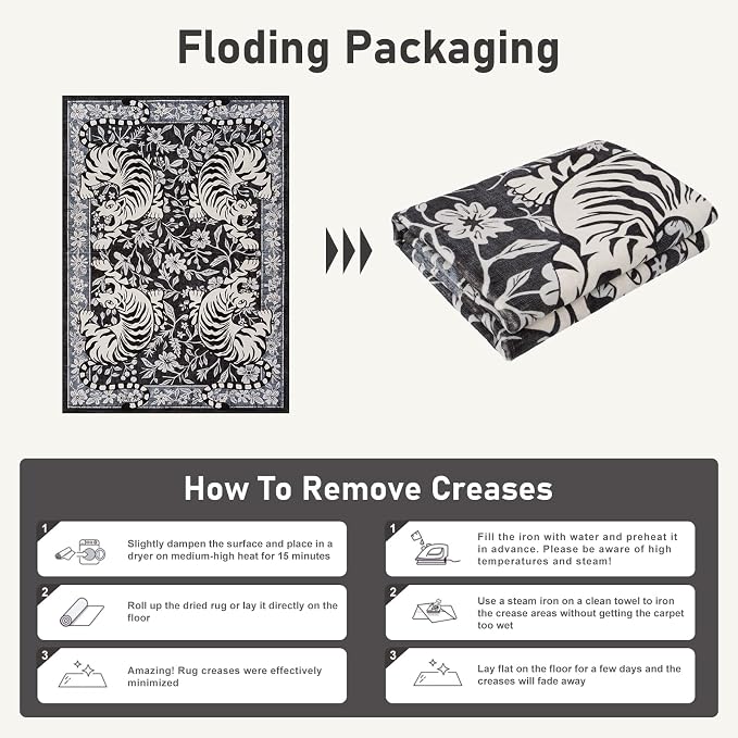 LIVEBOX Tiger Washable Rugs for Living Room, 8x10 Boho Bedroom Rug Non-Slip Jungle Floral Area Rug, Soft Stain Resistant Vintage Western Animal Floor Carpet for Dining Room Home Office Dorm (Black)