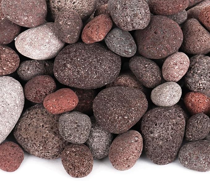 Lava Rock - Tumbled Stones - Red Pebbles - Volcanic Landscaping Rocks (25 Pound, SM/MD/LG Blend)