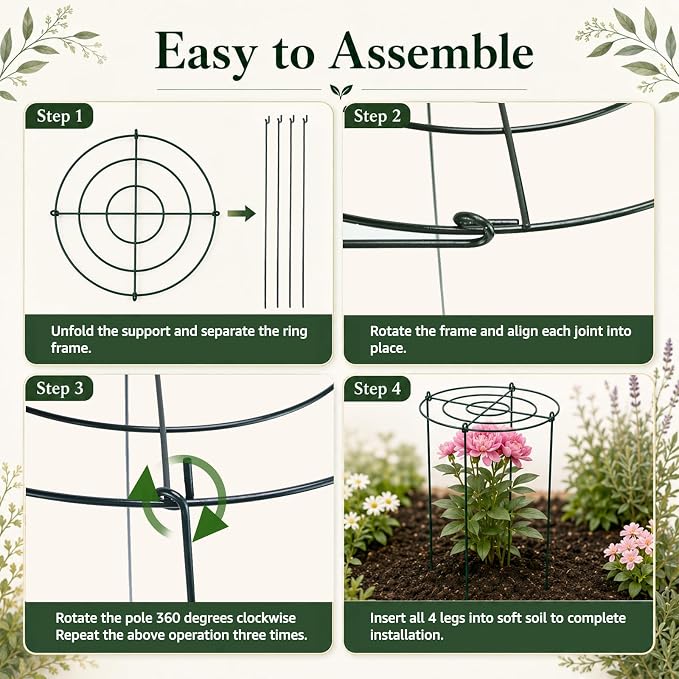 7 Pack Peony Cages and Supports, 13.8" D x 23.6" H Grow Through Plant Supports for Outdoor Plants, 4-Leg Metal Flower Support Rings with Rust-Resistant Coating for Peonies, Roses, Hydrangeas, Tomatoes